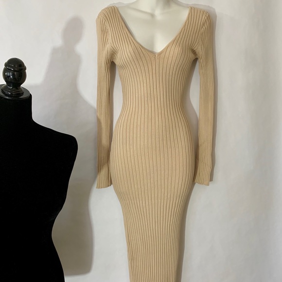 Soft Taupe Off The Shoulder Knit Midi Dress - Picture 6 of 8